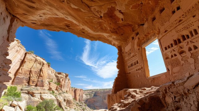 Scenic View of Ancient Cliff Dwelling With Clear Blue Sky and Unique Rock Formations in Canyon