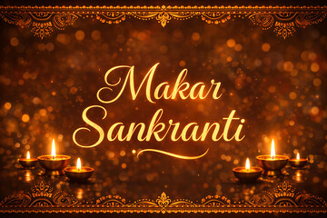 Happy Makar Sankranti Text with Diyas Illustration in Festive Colors