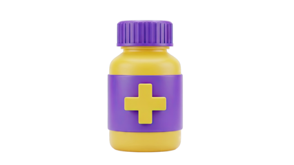 3D Render of Yellow Bottle with Purple Cap and Medical Cross Icon