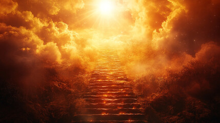 Obraz premium 3D rendering of symbolic stairs leading to Heaven and Hell, representing religious choice, moral decision, and spiritual journey in a dramatic and conceptual scene. 