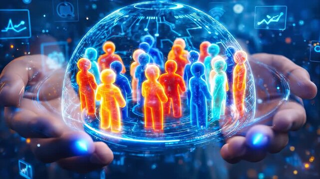 Human Hands Holding Glowing Holographic Energy Dome With People Figures And Digital Tech Symbols In Cyberpunk Setting For Global Connection