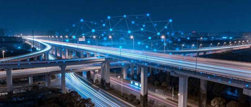 Nighttime highway network with digital overlay - Powered by Adobe