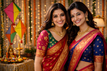 Indian Women Performing Makar Sankranti Pooja Ritual with Tilgul and Sugarcane