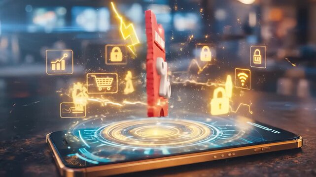 Smartphone Projecting Red Holographic Percentage Coupon With Golden Sparkles and Neon Shopping Symbols Over Circular Digital Platform Glow