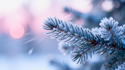 Frost covered pine branch in winter