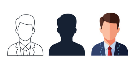 Fototapeta premium Set of three male business avatar icons outline, silhouette and full color illustration of professional man in suit