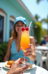 Fototapeta premium Woman cheers with bright orange cocktail topped with raspberries. Enjoying a sunny brunch outdoors at a cafe. Refreshing drink and food for a happy morning meal.