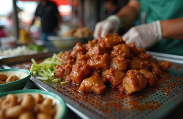 Close-up of glazed pork cubes with scallions served on metal tray. Chef in gloves prepares food in background. Delicious asian meal displayed at market stall.