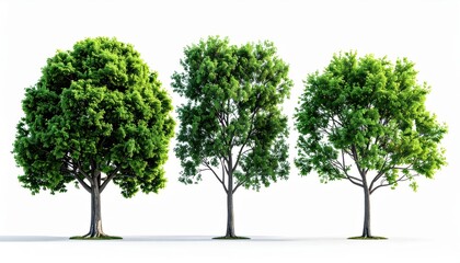 Fototapeta premium Three Green Trees on White Background, Forest, Nature, Isolated