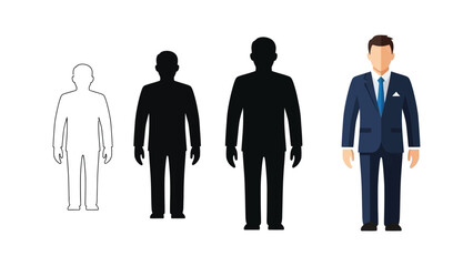 Businessmen evolution from outline to full color illustration showing growth or comparison of male figures in suits