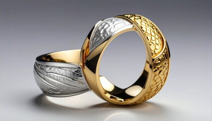 A wide metallic ring with vertically split gold and silver textures, smooth inner surface, elegant and reflective.