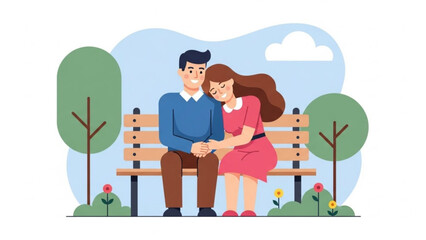Loving couple sitting on bench in park on sunny day with trees flowers and blue sky background, romantic scene with man and woman holding hands and smiling at each other