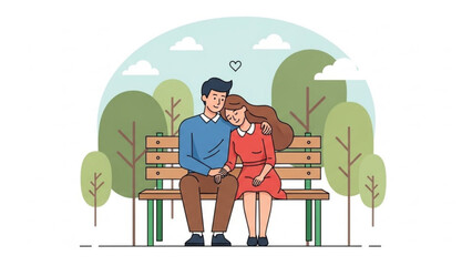 Loving couple sitting on park bench, man with arm around woman, heart above them, serene outdoor setting with trees and sky with love and romance