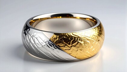 A wide metallic ring with vertically split gold and silver textures, smooth inner surface, elegant and reflective.