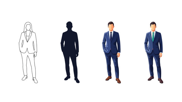 Business process illustration sketch, silhouette, and final colored versions of a businessman in a suit standing, showing design evolution steps