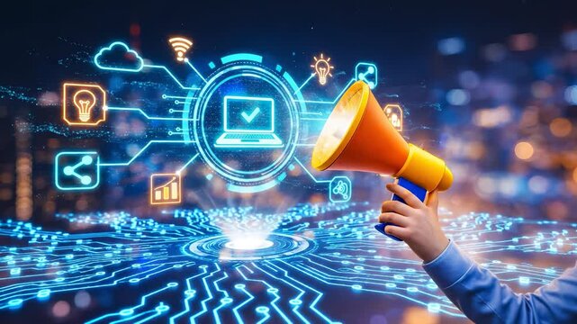 Hand Holding Orange Megaphone Emitting Holographic Laptop Interface With Social Media Symbols And Cloud Data Over City Nightscape Lights