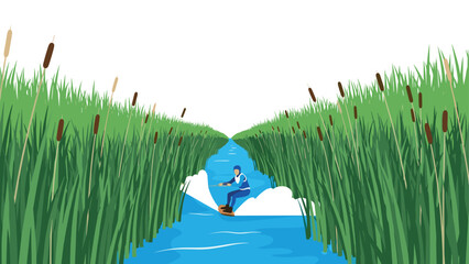 Waterskiing adventure through narrow reed channel in vibrant flat design
