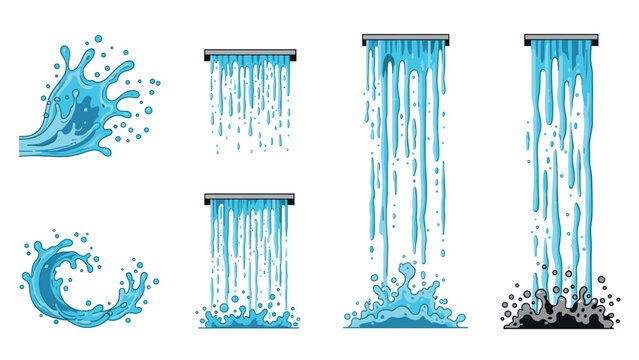 Dynamic flow: cartoon style elements of splashing water and waterfall