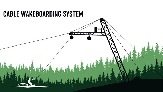 Cable wakeboarding system with forest silhouette background