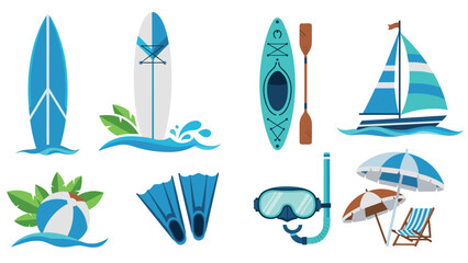 Beach sports and relaxation equipment: surfboards, kayak, sailboat, and snorkeling gear