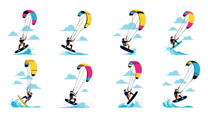 Vibrant kiteboarding collection with dynamic actions and bright colorful kites