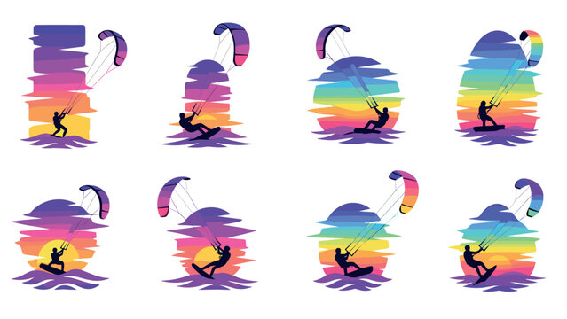 Vibrant kite surfing silhouettes with colorful paragliders at sunset
