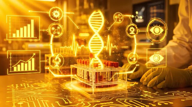 Gloved Hand Placing Blood Collection Tube Into Rack With Glowing Golden Holographic DNA Helix And Medical Data Interface In Laboratory