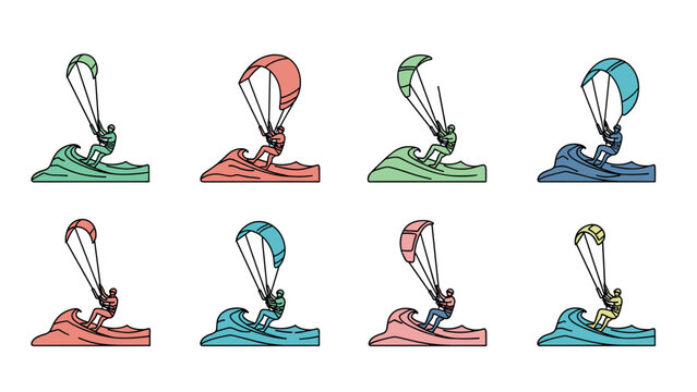 Colorful line art of kite surfers with parachutes on waves