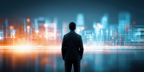 The challenges of the freelance economy. A silhouetted figure stands before a futuristic city skyline, illuminated by vibrant lights, suggesting innovation and ambition.