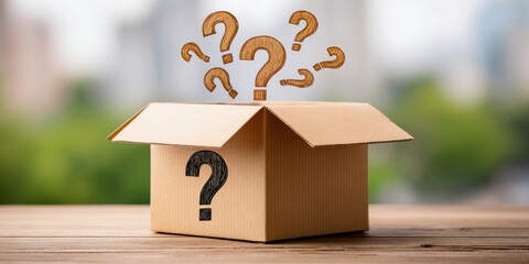 The challenges of the freelance economy. A cardboard box with floating question marks above it, symbolizing curiosity and uncertainty in a thoughtful setting.