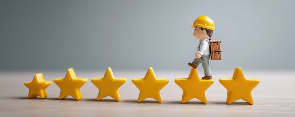 The challenges of the freelance economy. A small figurine of a worker in a yellow hard hat walks on a line of five yellow stars, symbolizing achievement and progress.