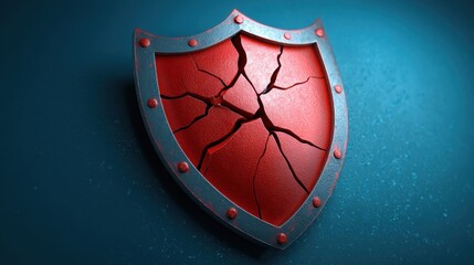 The challenges of the freelance economy. A cracked red shield against a blue background, symbolizing protection and resilience with a modern artistic design.
