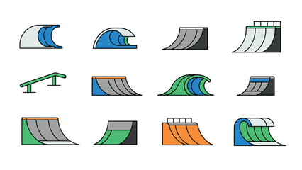 Minimalist skate park ramps and waves icons set