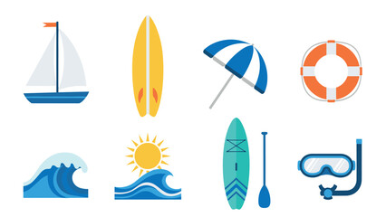 Coastal adventure icon set: surfboard, sailboat, snorkel, umbrella, paddleboard, waves