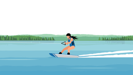 Woman wakeboarding on serene lake with green forest backdrop in flat style