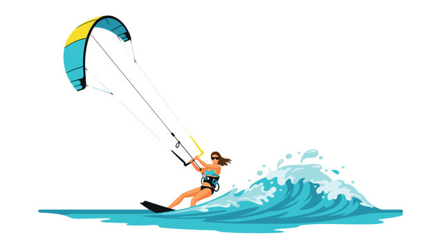 Dynamic kiteboarding adventure: flat design of a woman riding ocean waves