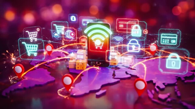 Digital E-commerce World Map with Red Location Pins and Delivery Boxes Surrounded by Neon Shopping Symbols and Light Trails in Night Scene