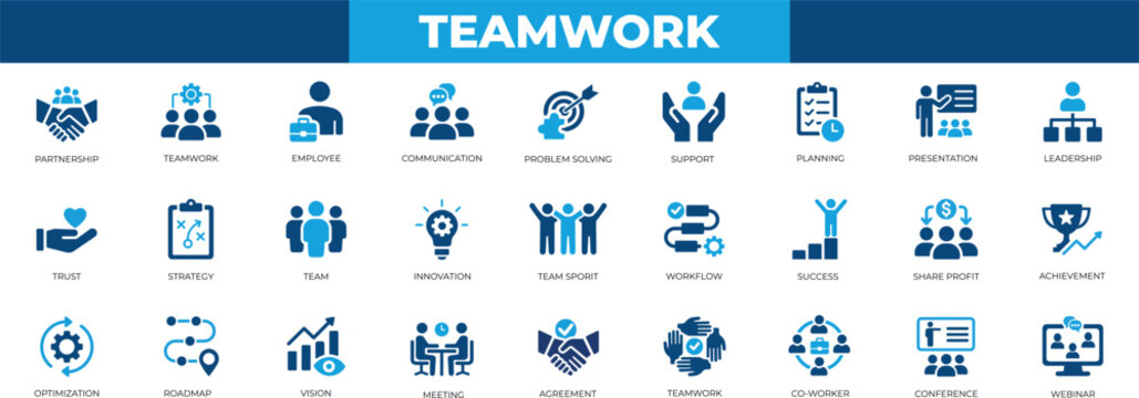Modern teamwork collaboration solid icons. professional business meeting, partnership, management, leadership, brainstorming and leadership glyph symbols. editable vector