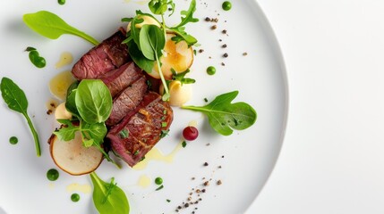 Gourmet Presentation of Juicy Beef Steak with Fresh Greens and Colorful Garnish on Elegant Plate