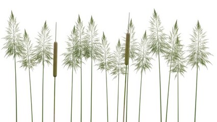 Cattails and Reeds Isolated on White, Nature Background