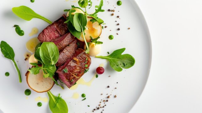 Gourmet Presentation of Juicy Beef Steak with Fresh Greens and Colorful Garnish on Elegant Plate