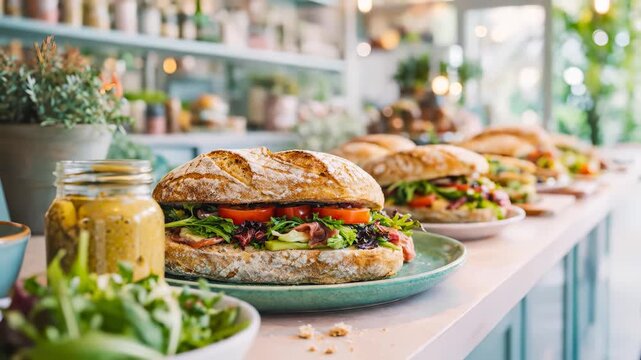 Gourmet Sandwich with Prosciutto and Fresh Vegetables on Teal Plate inside Bright Modern Cafe with Natural Light and Steam Rising on Table