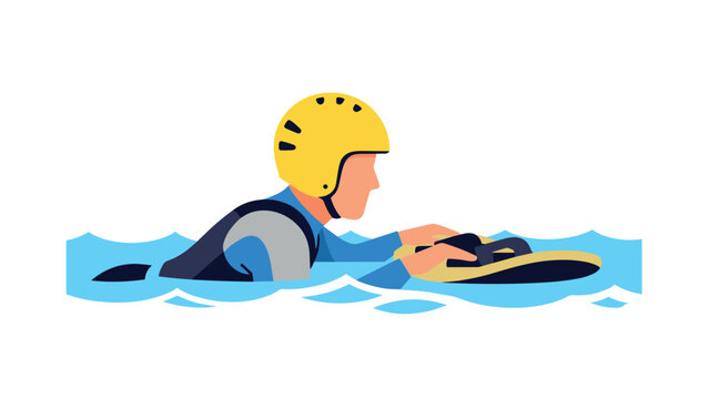 Man surfing waves on bodyboard wearing helmet