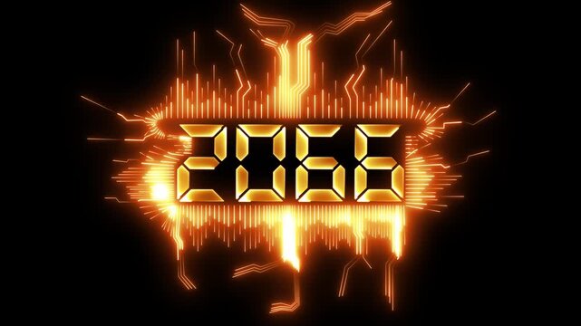 Greeting card 2066 blue technology and digital theme, and new year, festive atmosphere, number text.