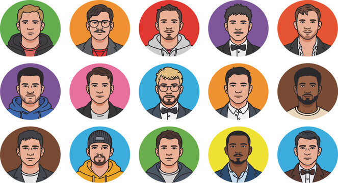 Cartoon Male Avatars Grid with Diverse Hairstyles, Facial Hair, and Accessories Illustration