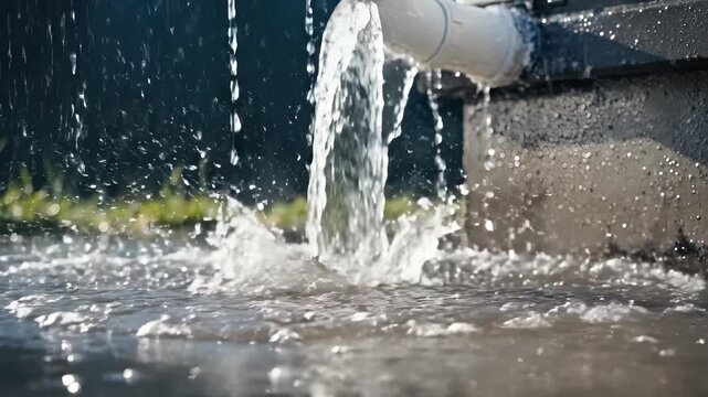 Water Bursting from Cracked White PVC Pipe Joint in Outdoor Rain with Powerful Spray Splashing onto Wet Concrete during Plumbing Emergency