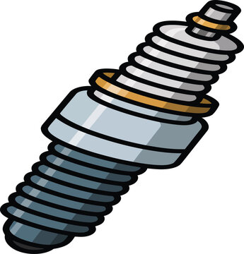A detailed illustration of a spark plug with a metallic finish and orange accents on a white background