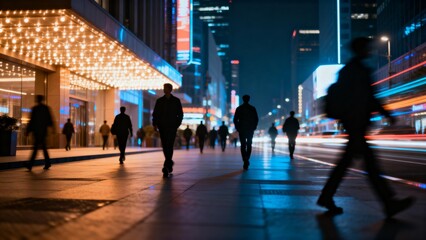 Nighttime city street with pedestrians
