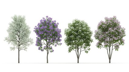 Obraz premium Four Isolated Trees, Diverse Foliage Varieties, White Background