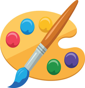 A colorful paintbrush rests on a vibrant palette of paints, ready for artistic creation.